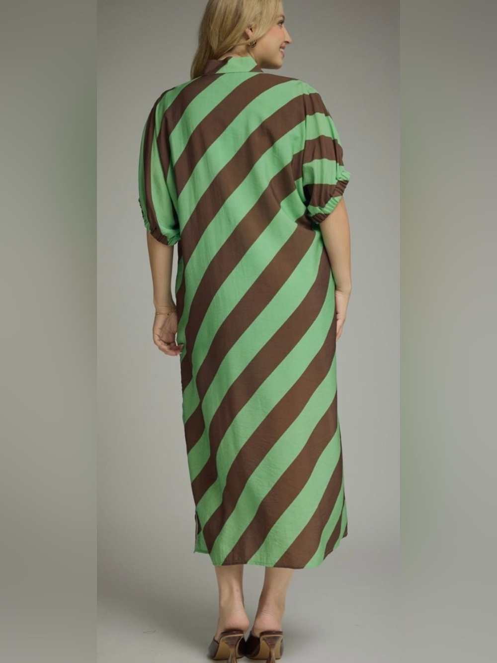 New!Entro Boutique Green & Brown Pocket Diagonal Stripe Midi Dress Size XLarge - Picture 4 of 10